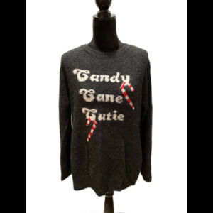 Christmas Holiday Womens Gray Sweater Candy Cane Cutie Sz Medium Fuzzy Unique